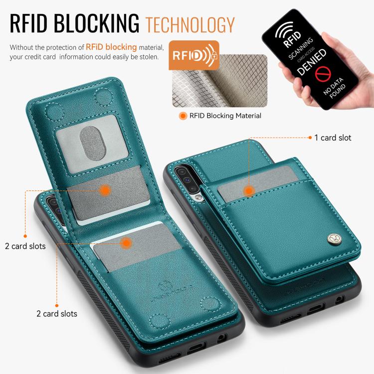 For Samsung Galaxy A50 JEEHOOD J06 British Style RFID MagSafe Card Bag PU Phone Case(Green) - Galaxy Phone Cases by JEEHOOD | Online Shopping UK | buy2fix
