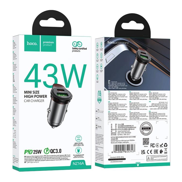 hoco NZ16A Rigorous PD25W and QC3.0 Dual Port Car Charger(Grey) - Car Charger by hoco | Online Shopping UK | buy2fix