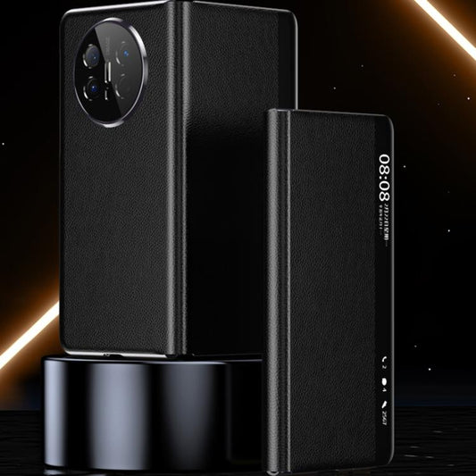 For Huawei Mate X6 Electroplating Litchi Pattern Grain Leather Smart Window MagSafe Phone Leather Case(Coffee) - Huawei Cases by buy2fix | Online Shopping UK | buy2fix