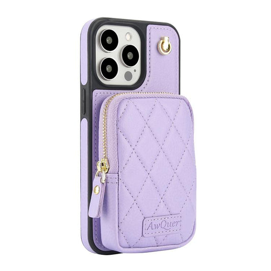 For iPhone 15 Pro AwQuer Crossbody Zipper Wallet Bag Litchi Leather Phone Case(Light Purple) - iPhone 15 Pro Cases by Awquer | Online Shopping UK | buy2fix