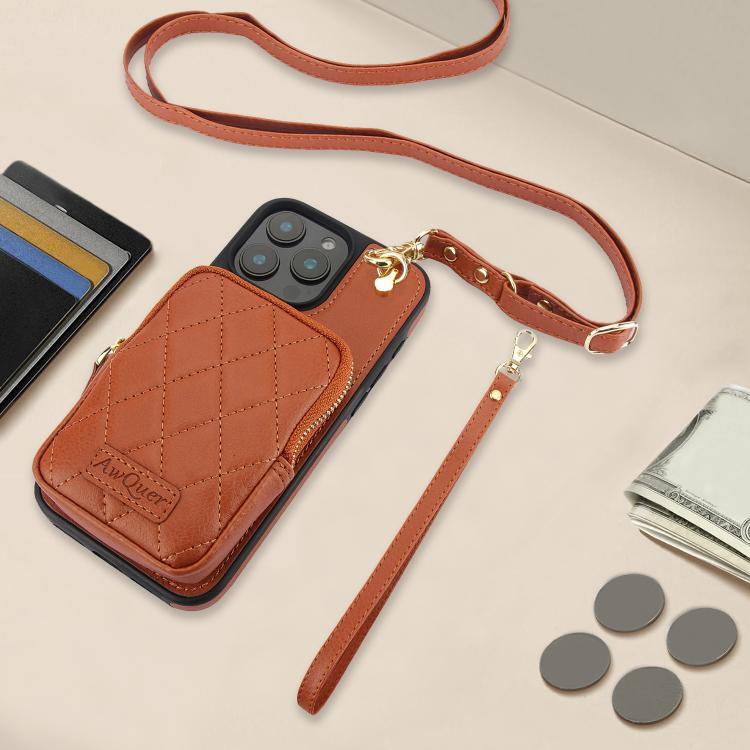 For iPhone 15 Pro AwQuer Crossbody Zipper Wallet Bag Litchi Leather Phone Case(Brown) - iPhone 15 Pro Cases by Awquer | Online Shopping UK | buy2fix