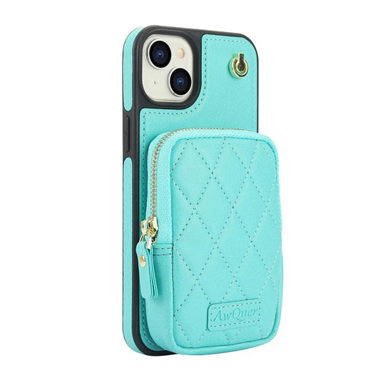 For iPhone 14 Plus AwQuer Crossbody Zipper Wallet Bag Litchi Leather Phone Case(Mint Green) - iPhone 14 Plus Cases by Awquer | Online Shopping UK | buy2fix