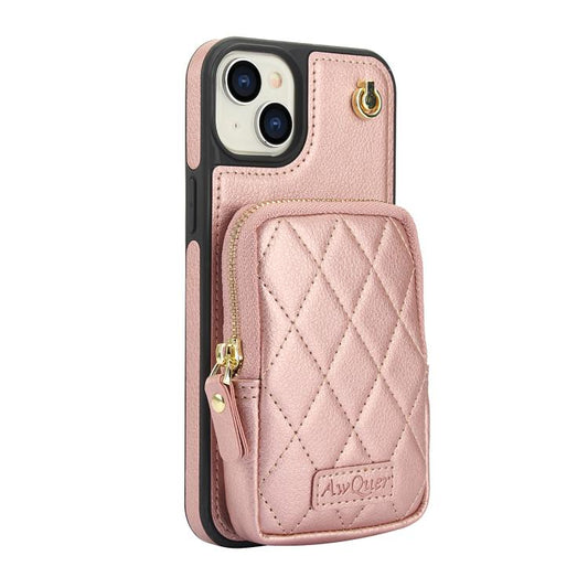For iPhone 14 Plus AwQuer Crossbody Zipper Wallet Bag Litchi Leather Phone Case(Rose Gold) - iPhone 14 Plus Cases by Awquer | Online Shopping UK | buy2fix