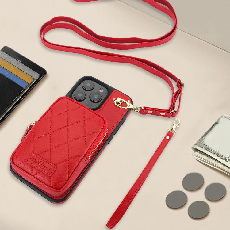 For iPhone 14 / 13 AwQuer Crossbody Zipper Wallet Bag Litchi Leather Phone Case(Red) - iPhone 14 Cases by Awquer | Online Shopping UK | buy2fix