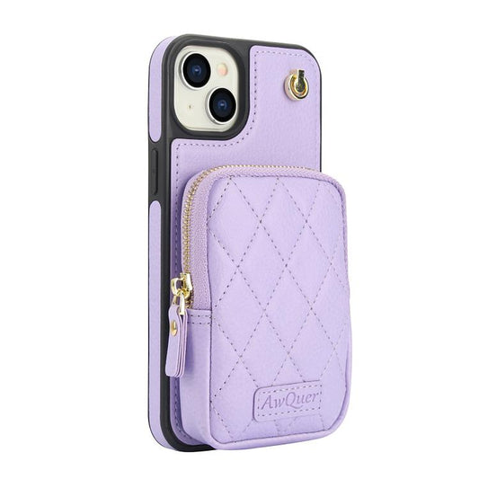 For iPhone 14 / 13 AwQuer Crossbody Zipper Wallet Bag Litchi Leather Phone Case(Light Purple) - iPhone 14 Cases by Awquer | Online Shopping UK | buy2fix