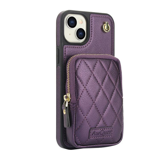 For iPhone 14 / 13 AwQuer Crossbody Zipper Wallet Bag Litchi Leather Phone Case(Dark Purple) - iPhone 14 Cases by Awquer | Online Shopping UK | buy2fix