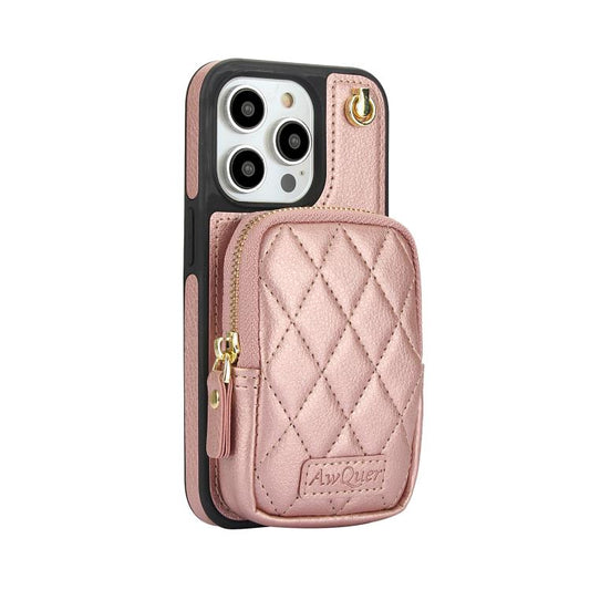 For iPhone 14 Pro Max AwQuer Crossbody Zipper Wallet Bag Litchi Leather Phone Case(Rose Gold) - iPhone 14 Pro Max Cases by Awquer | Online Shopping UK | buy2fix