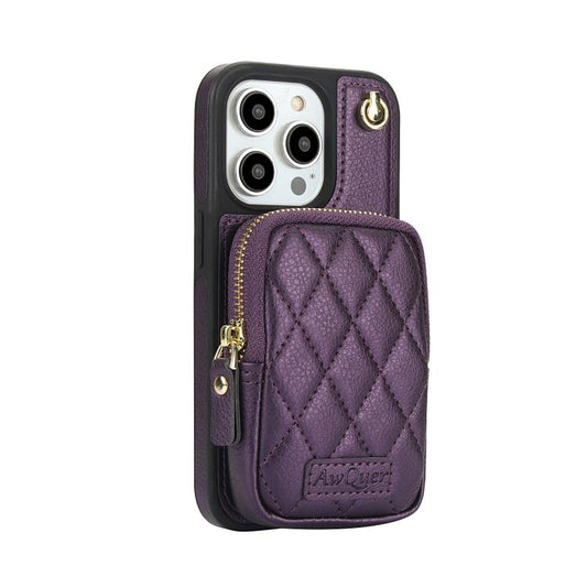 For iPhone 14 Pro Max AwQuer Crossbody Zipper Wallet Bag Litchi Leather Phone Case(Dark Purple) - iPhone 14 Pro Max Cases by Awquer | Online Shopping UK | buy2fix