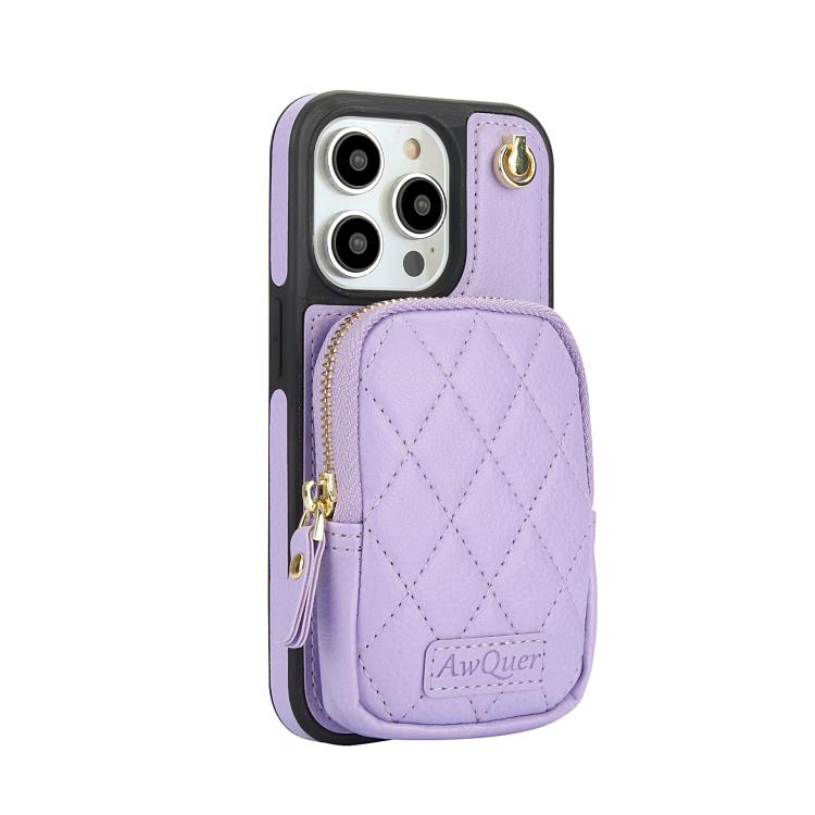For iPhone 13 Pro Max AwQuer Crossbody Zipper Wallet Bag Litchi Leather Phone Case(Light Purple) - iPhone 13 Pro Max Cases by Awquer | Online Shopping UK | buy2fix