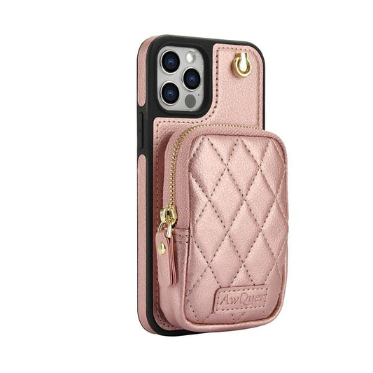 For iPhone 12 / 12 Pro AwQuer Crossbody Zipper Wallet Bag Litchi Leather Phone Case(Rose Gold) - iPhone 12 / 12 Pro Cases by Awquer | Online Shopping UK | buy2fix