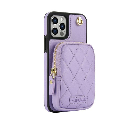 For iPhone 12 / 12 Pro AwQuer Crossbody Zipper Wallet Bag Litchi Leather Phone Case(Light Purple) - iPhone 12 / 12 Pro Cases by Awquer | Online Shopping UK | buy2fix