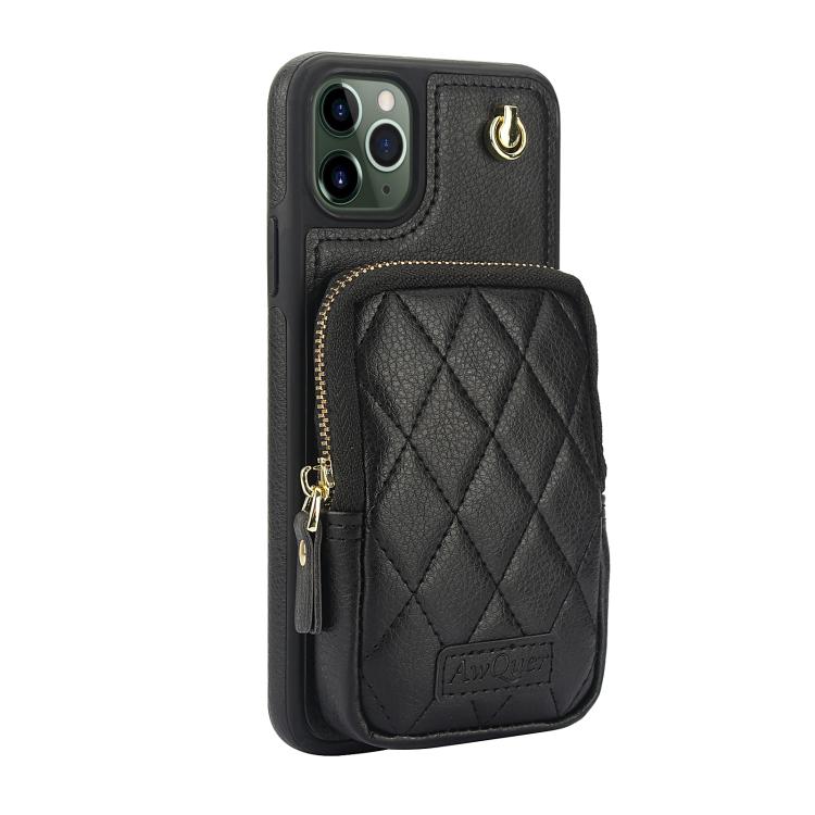 For iPhone 11 AwQuer Crossbody Zipper Wallet Bag Litchi Leather Phone Case(Black) - iPhone 11 Cases by Awquer | Online Shopping UK | buy2fix