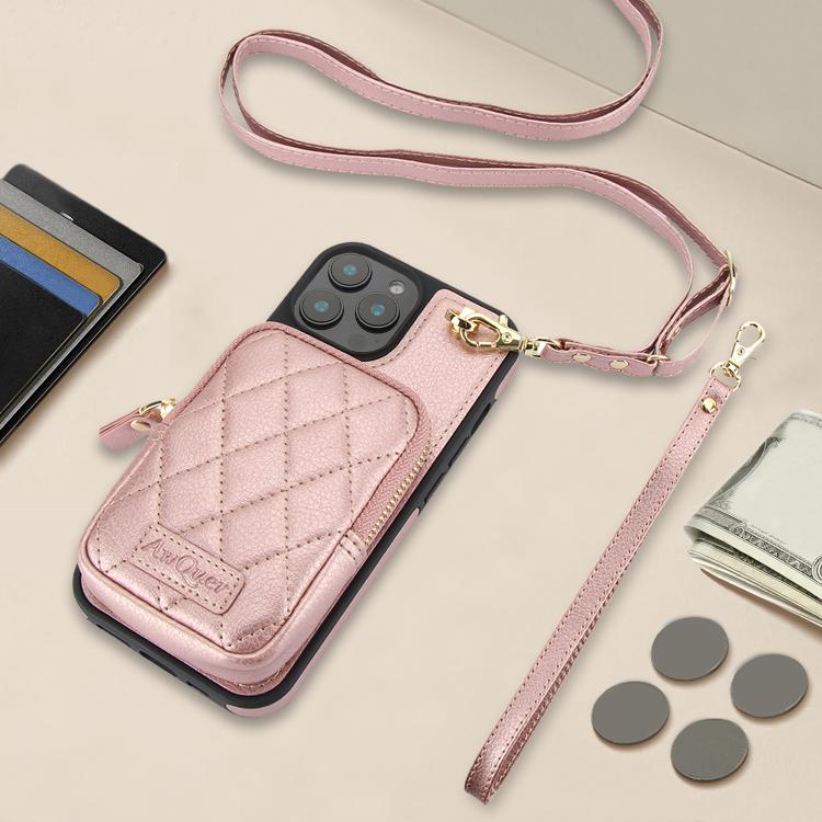 For iPhone 11 AwQuer Crossbody Zipper Wallet Bag Litchi Leather Phone Case(Rose Gold) - iPhone 11 Cases by Awquer | Online Shopping UK | buy2fix