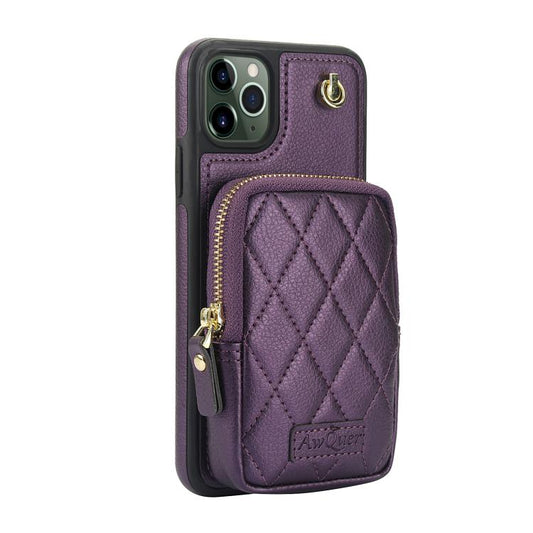 For iPhone 11 Pro AwQuer Crossbody Zipper Wallet Bag Litchi Leather Phone Case(Dark Purple) - iPhone 11 Pro Cases by Awquer | Online Shopping UK | buy2fix