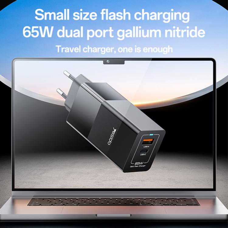Yesido YC73 65W USB and USB-C / Type-C Dual Port GaN Fast Charger Set, EU Plug(Black) - USB Charger by Yesido | Online Shopping UK | buy2fix