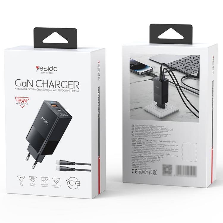 Yesido YC73 65W USB and USB-C / Type-C Dual Port GaN Fast Charger Set, EU Plug(Black) - USB Charger by Yesido | Online Shopping UK | buy2fix