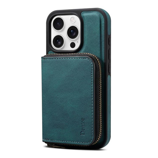 For iPhone 16 Denior D26 Skin Feel MagSafe Zipper Bag Leather Phone Case(Blue) - iPhone 16 Cases by Denior | Online Shopping UK | buy2fix