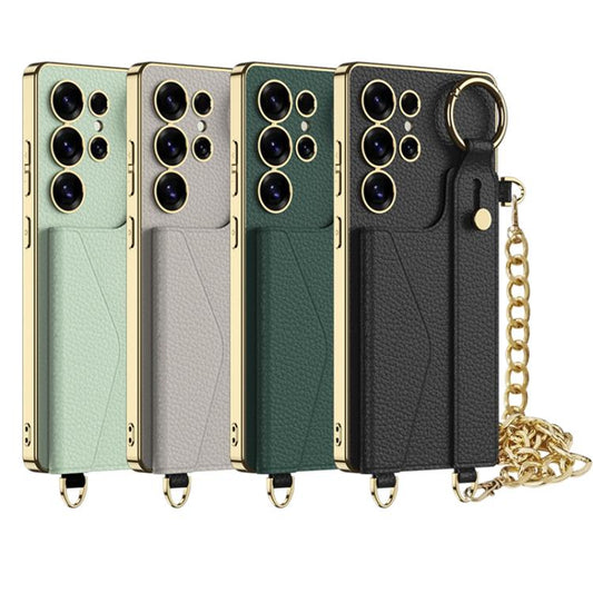 For Samsung Galaxy S25 Ultra 5G GKK Plating Leather Card Holder Full Coverage Phone Case With Bracelet(Matcha Green) - Galaxy S25 Ultra 5G Cases by GKK | Online Shopping UK | buy2fix