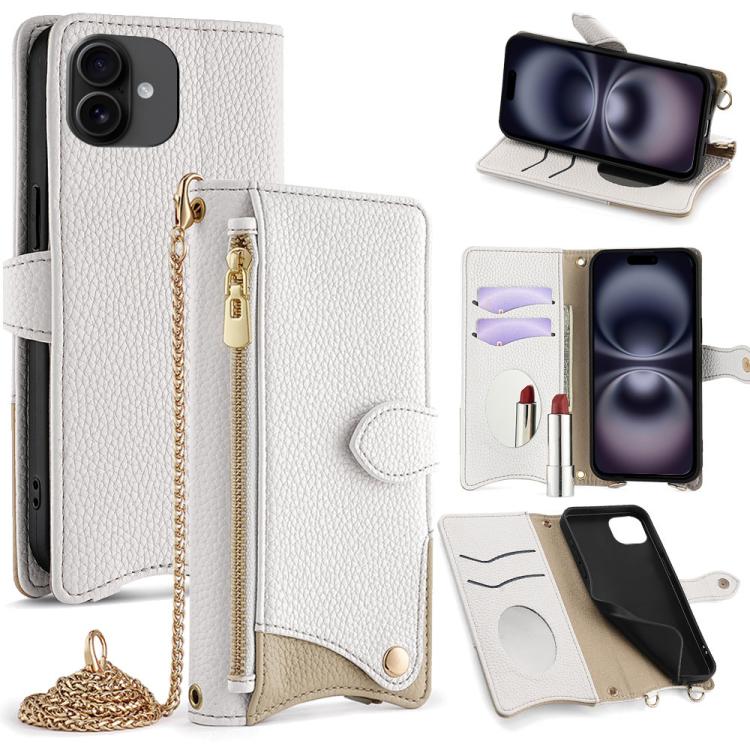 For iPhone 16 Plus Crossbody Chain Fishtail Litchi Leather Phone Case(White) - iPhone 16 Plus Cases by buy2fix | Online Shopping UK | buy2fix