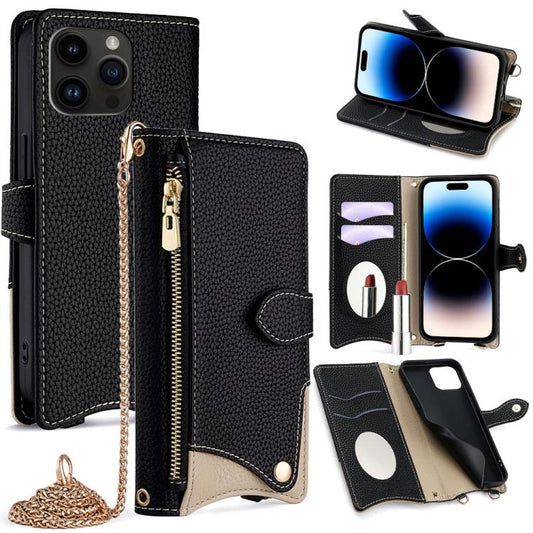 For iPhone 14 Pro Crossbody Chain Fishtail Litchi Leather Phone Case(Black) - iPhone 14 Pro Cases by buy2fix | Online Shopping UK | buy2fix