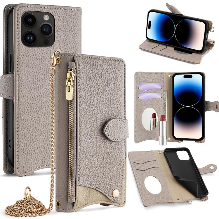 For iPhone 14 Pro Max Crossbody Chain Fishtail Litchi Leather Phone Case(Grey) - iPhone 14 Pro Max Cases by buy2fix | Online Shopping UK | buy2fix