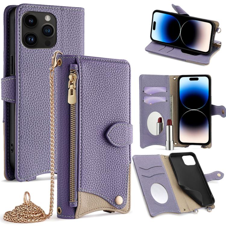 For iPhone 14 Pro Max Crossbody Chain Fishtail Litchi Leather Phone Case(Purple) - iPhone 14 Pro Max Cases by buy2fix | Online Shopping UK | buy2fix
