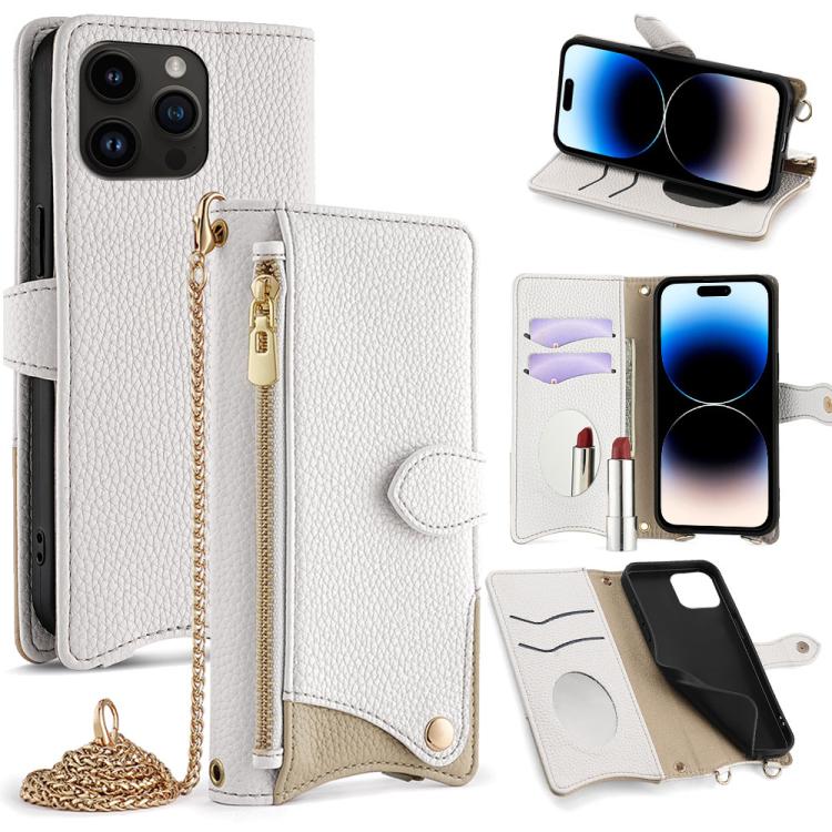 For iPhone 14 Pro Max Crossbody Chain Fishtail Litchi Leather Phone Case(White) - iPhone 14 Pro Max Cases by buy2fix | Online Shopping UK | buy2fix