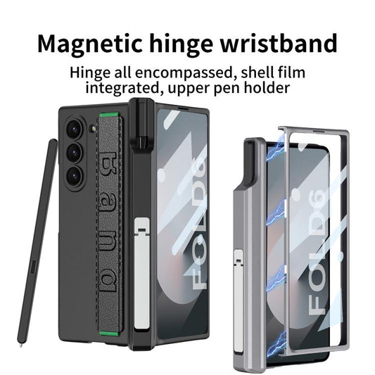 For Samsung Galaxy Z Fold6 GKK Integrated Magnetic Hinge Folding Holder Phone Case with Wrist Strap & Pen Holder(Black) - Galaxy Phone Cases by GKK | Online Shopping UK | buy2fix