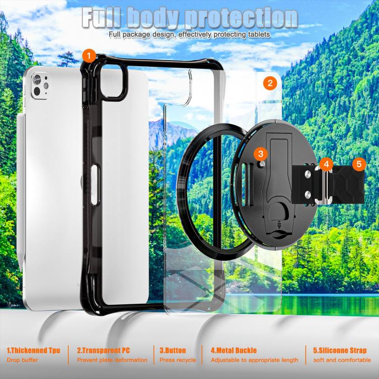 For iPad Pro 11 2024 Rotation Grip Holder TPU Hybrid Clear PC Tablet Case(Black) - iPad Pro 11 2024 Cases by buy2fix | Online Shopping UK | buy2fix