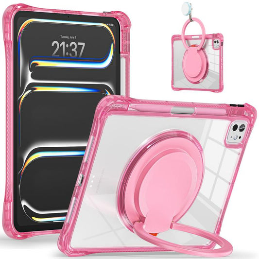 For iPad Pro 13 2024 Rotation Ring Handle TPU Hybrid Clear PC Tablet Case(Red Rose) - iPad Pro 13 2024 Cases by buy2fix | Online Shopping UK | buy2fix