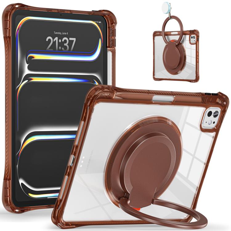 For iPad Pro 11 2024 Rotation Ring Handle TPU Hybrid Clear PC Tablet Case(Chocolate) - iPad Pro 11 2024 Cases by buy2fix | Online Shopping UK | buy2fix