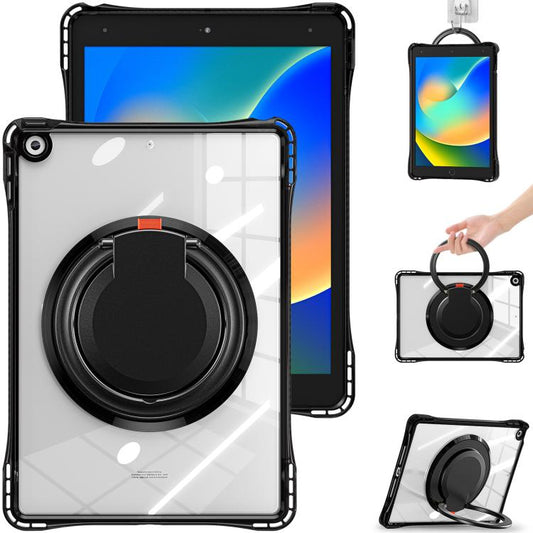 For iPad 10.2 2021 / 2020 / 2019 Rotation Ring Handle TPU Hybrid Clear PC Tablet Case(Black) - iPad 10.2 Cases by buy2fix | Online Shopping UK | buy2fix