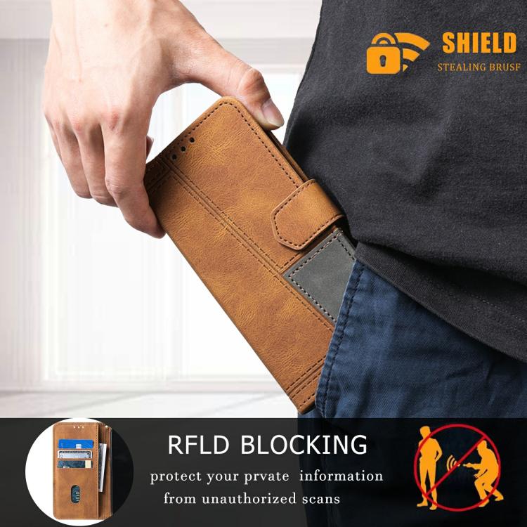 For iPhone 16e TTUDRCH Embossed Line Splicing Leather Phone Case(Brown) - iPhone 16e Cases by buy2fix | Online Shopping UK | buy2fix