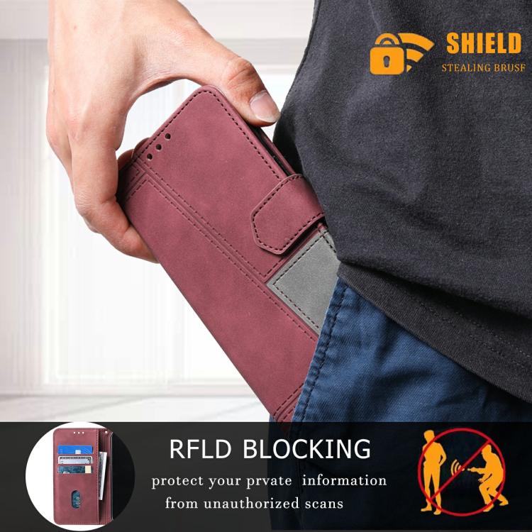 For iPhone 16e TTUDRCH Embossed Line Splicing Leather Phone Case(Wine Red) - iPhone 16e Cases by buy2fix | Online Shopping UK | buy2fix