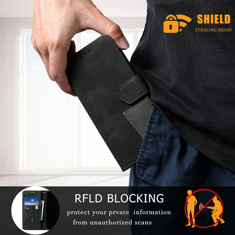 For iPhone 16e TTUDRCH Embossed Line Splicing Leather Phone Case(Black) - iPhone 16e Cases by buy2fix | Online Shopping UK | buy2fix