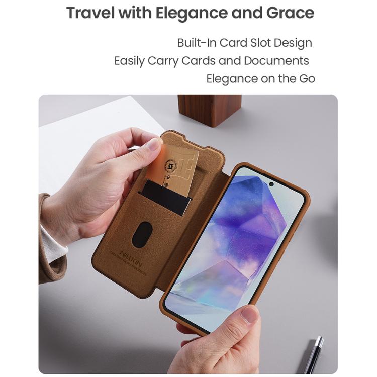 For Samsung Galaxy A56 5G NILLKIN QIN Series Pro Sliding Camera Cover Design Leather Phone Case(Brown) - Galaxy Phone Cases by NILLKIN | Online Shopping UK | buy2fix