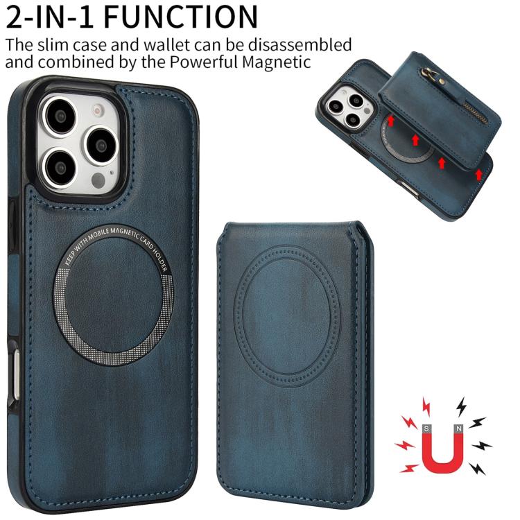 For iPhone 16 Pro Zipper Wallet Split MagSafe Leather Back Phone Case(Blue) - iPhone 16 Pro Cases by buy2fix | Online Shopping UK | buy2fix