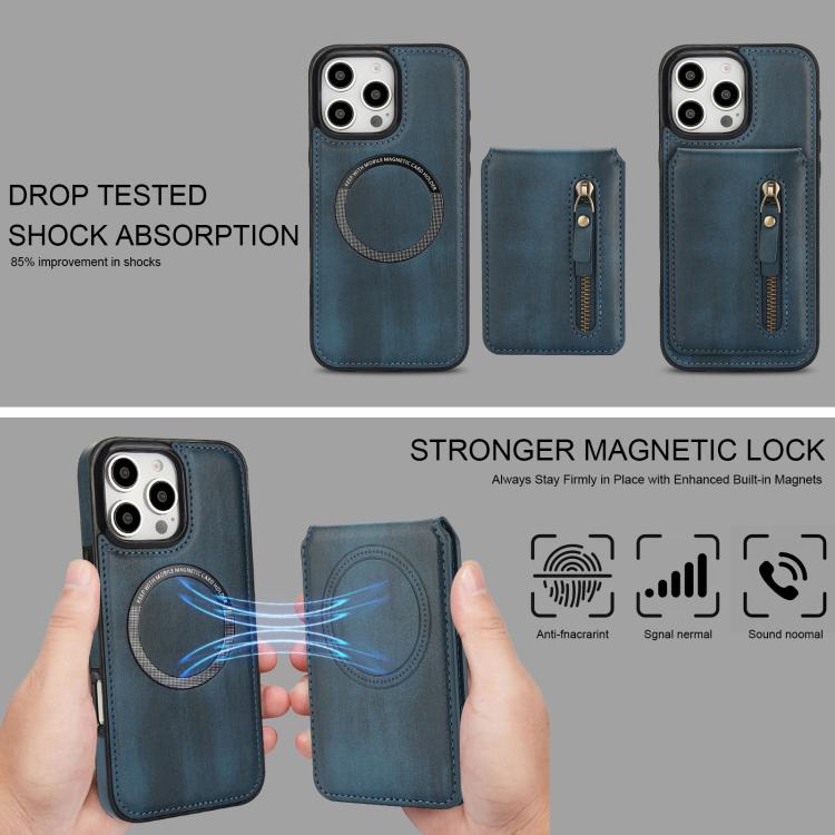 For iPhone 16 Pro Zipper Wallet Split MagSafe Leather Back Phone Case(Blue) - iPhone 16 Pro Cases by buy2fix | Online Shopping UK | buy2fix