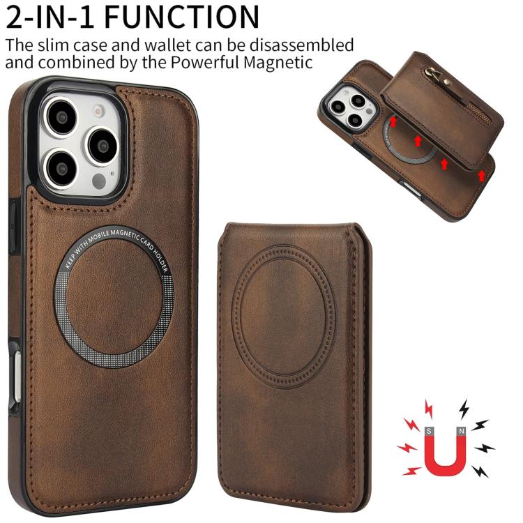 For iPhone 16 Pro Zipper Wallet Split MagSafe Leather Back Phone Case(Brown) - iPhone 16 Pro Cases by buy2fix | Online Shopping UK | buy2fix
