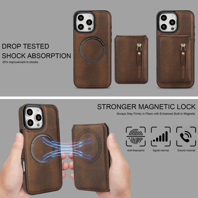 For iPhone 16 Pro Zipper Wallet Split MagSafe Leather Back Phone Case(Brown) - iPhone 16 Pro Cases by buy2fix | Online Shopping UK | buy2fix