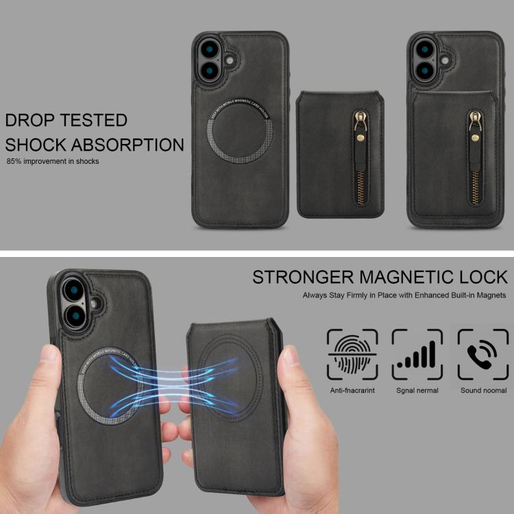 For iPhone 16 Plus Zipper Wallet Split MagSafe Leather Back Phone Case(Black) - iPhone 16 Plus Cases by buy2fix | Online Shopping UK | buy2fix