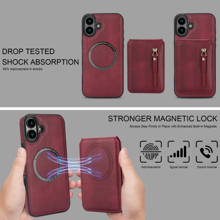For iPhone 16 Plus Zipper Wallet Split MagSafe Leather Back Phone Case(Red) - iPhone 16 Plus Cases by buy2fix | Online Shopping UK | buy2fix