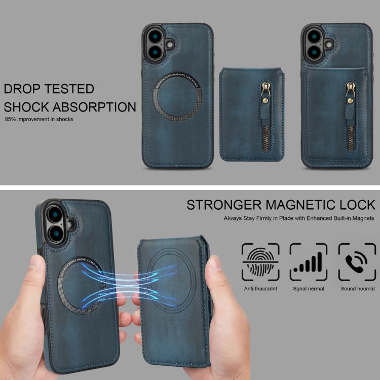 For iPhone 16 Plus Zipper Wallet Split MagSafe Leather Back Phone Case(Blue) - iPhone 16 Plus Cases by buy2fix | Online Shopping UK | buy2fix