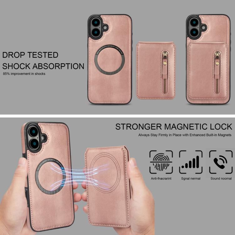 For iPhone 16 Plus Zipper Wallet Split MagSafe Leather Back Phone Case(Rose Gold) - iPhone 16 Plus Cases by buy2fix | Online Shopping UK | buy2fix