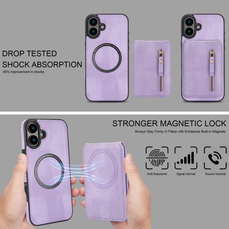 For iPhone 16 Plus Zipper Wallet Split MagSafe Leather Back Phone Case(Purple) - iPhone 16 Plus Cases by buy2fix | Online Shopping UK | buy2fix