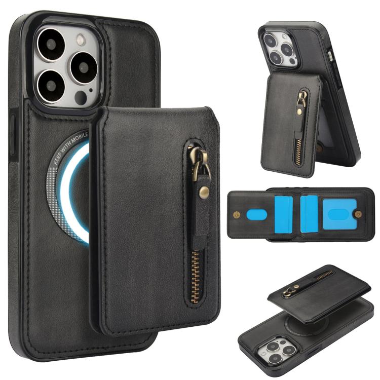 For iPhone 15 Pro Zipper Wallet Split MagSafe Leather Back Phone Case(Black) - iPhone 15 Pro Cases by buy2fix | Online Shopping UK | buy2fix