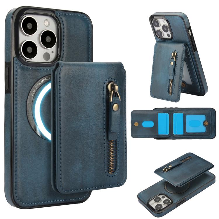 For iPhone 15 Pro Zipper Wallet Split MagSafe Leather Back Phone Case(Blue) - iPhone 15 Pro Cases by buy2fix | Online Shopping UK | buy2fix