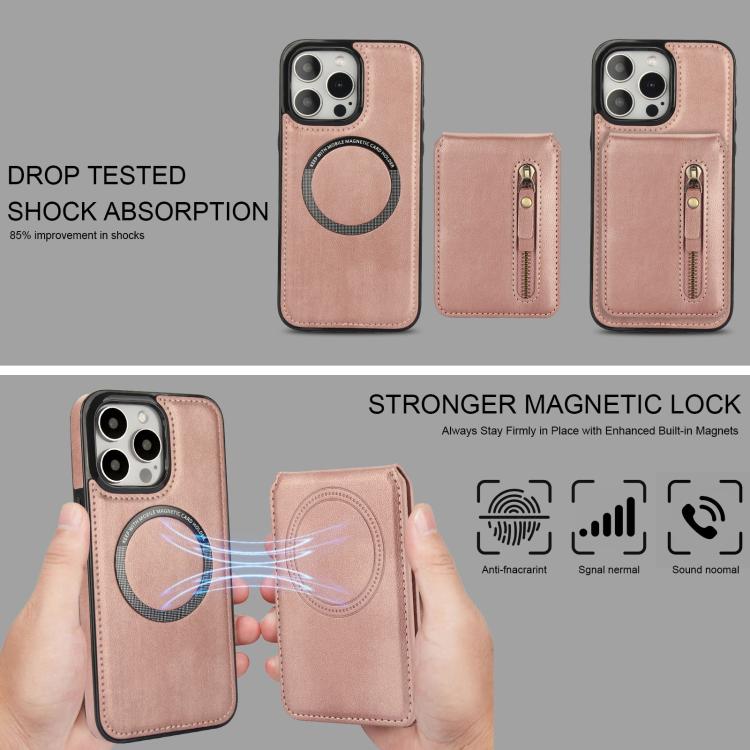 For iPhone 15 Pro Zipper Wallet Split MagSafe Leather Back Phone Case(Rose Gold) - iPhone 15 Pro Cases by buy2fix | Online Shopping UK | buy2fix