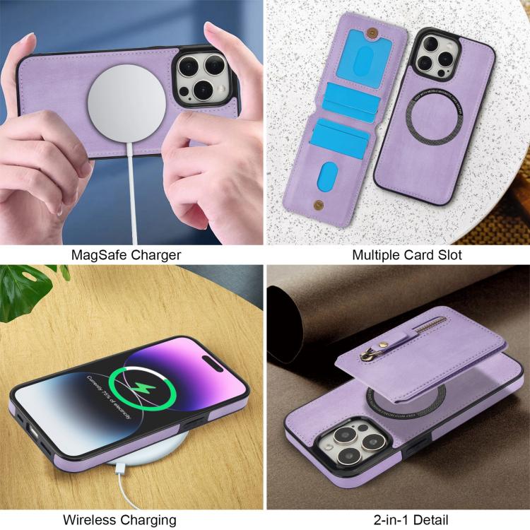 For iPhone 15 Pro Zipper Wallet Split MagSafe Leather Back Phone Case(Purple) - iPhone 15 Pro Cases by buy2fix | Online Shopping UK | buy2fix