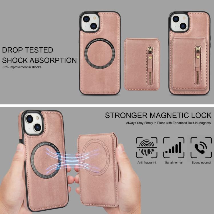 For iPhone 15 Zipper Wallet Split MagSafe Leather Back Phone Case(Rose Gold) - iPhone 15 Cases by buy2fix | Online Shopping UK | buy2fix